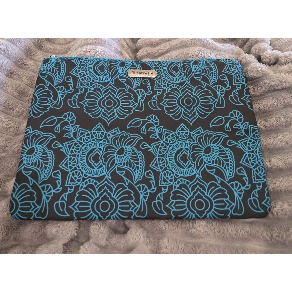 Tupperware Large Zipper Pouch / Laptop Bag Case - Black Blue Floral Design